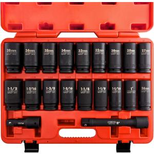 NEIKO 02347A 3/4-Inch Drive Socket Set, Master 20-Piece SAE and Metric Socket Set, SAE 1" to 1 1/2" and Metric 26 to 38 mm, Extension Bars Included