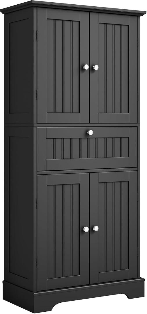 ChooChoo 51" H Tall Bathroom Floor Cabinet, Modern Bathroom Storage Cabinet with Drawer and Adjustable Shelves, Freestanding Kitchen Pantry Cupboard with 4 Doors for Living Room, Black, 11.81"d X 23.62"w X 51.18"h