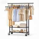 Clothes Rack, Double Rods Rolling Clothing Rack for Hanging Clothes Closet Rack with Wheels, Metal Portable Garment Rack with Double Shelves for Bedroom Laundry Living Room, Black