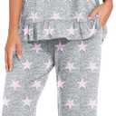 PrinStory Womens Pajama Set Short Sleeve Shirt and Capri Pants Sleepwear Pjs Set with Pockets (Gray, XXL)