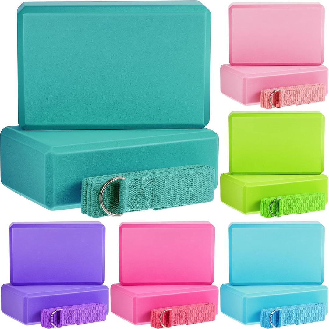 Meooeck 18 Pcs Yoga Block and Strap Set 9 x 6 x 3 Inch EVA Foam Non Slip Brick 8 ft Yoga Straps for Stretching D Ring Design for Back to School Pilates Fitness Workout Exercise (Multicolor)