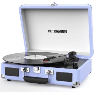 Vinyl Record Player 3-Speed Bluetooth Portable Suitcase Belt-Driven Record Player with 2 Built-in Stereo Speakers Vinyl Vintage Turntable Phonograph Records Player with RCA Line Out, AUX Out