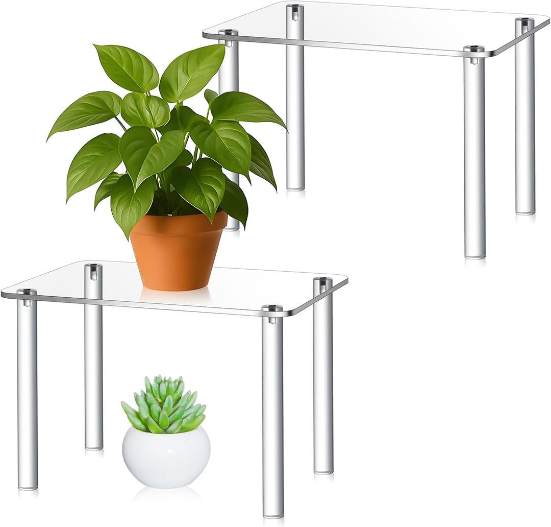 RattanView 2 Pcs 12 Inch Acrylic Risers Display Stands Rectangular 4-leg Acrylic Plant Stand, 6mm Thick Clear Shelf Riser Display Stands for Decor Collectibles Figures and Item Photography