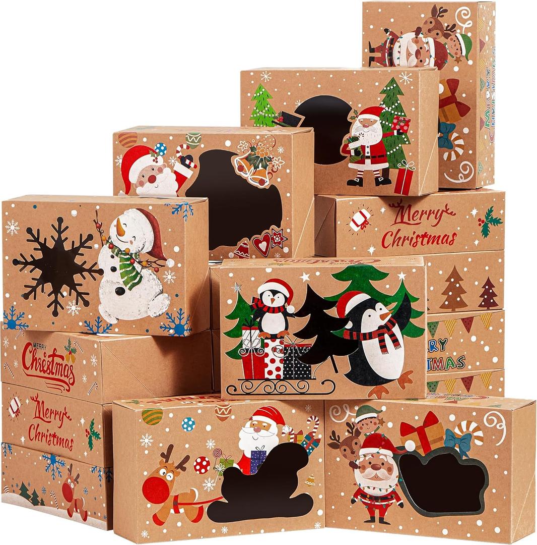 JOYIN 12PCS Christmas Cookie Boxes for Gift Giving, 8.75" x 5.75" x 2.75" Xmas Holiday Bakery Treat Boxes with Window, Kraft Cookie Tin Container Box for Baked Goods, Cupcake, Pastry, Candy, Doughnut (Christmas Classic Color)