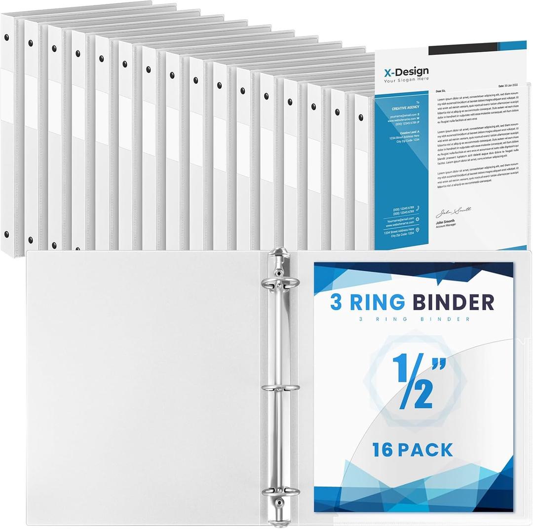 Henoyso 16 Pcs 1/2 Inch 3 Ring Binder with Clear Cover Plastic Flexible Fit Letter Size 8.5" x 11" Paper Holds 100 Sheets Versatile Binders for School Office Home, 1 Pocket(White)