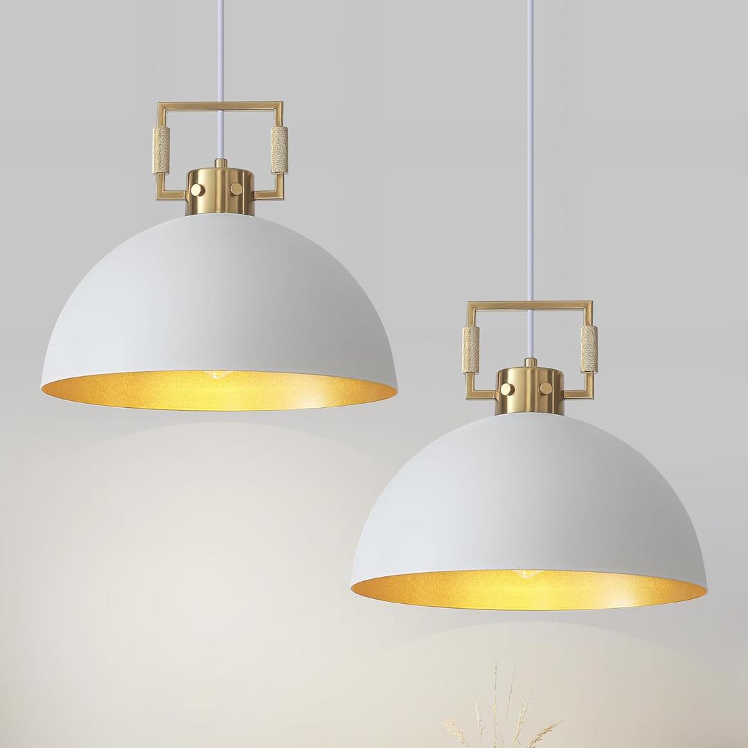 12'' Farmhouse Pendant Light 2 Pack White and Gold for Kitchen Island, Dome Industrial Metal Hanging Lighting Fixtures, Adjustable Height Dining Room Chandelier for Hallway and Foyer