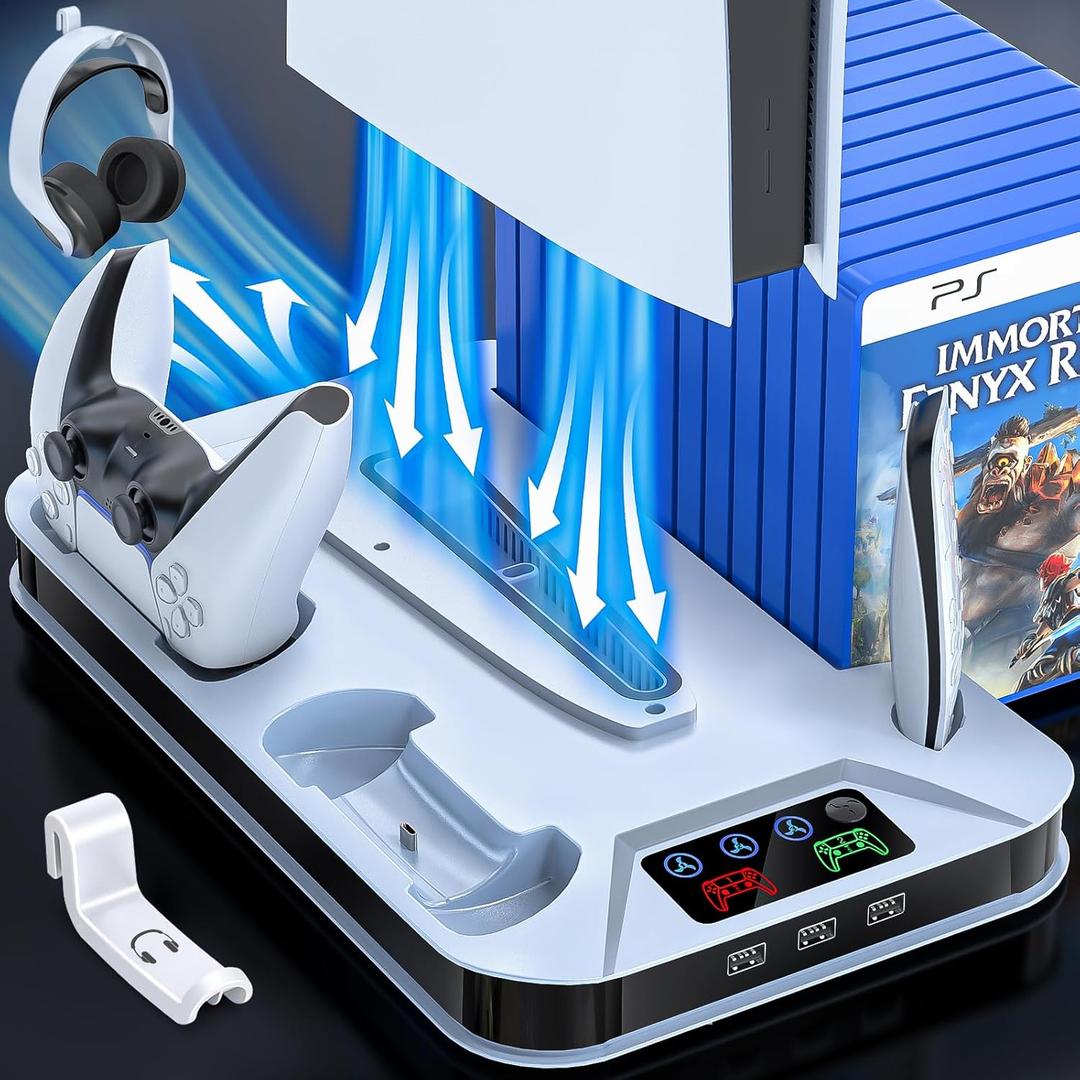 PS5 / PS5 Slim Cooling Station with Controller Charging Station for Playstation 5 Console Disc/Digital, Cooling Stand for Playstation 5 Slim with Cooler Fan Accessories with 3 USB Hubs/Headset Holder