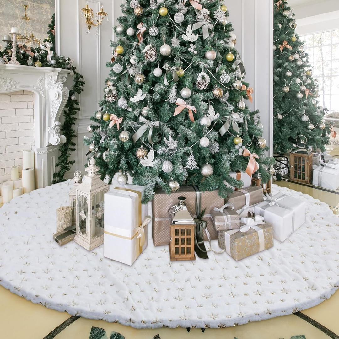 Libima 84 Inches Large Christmas Tree Skirt Faux Fur Xmas Tree Skirt White Plush Velvet with Gold Sequins Snowflakes for Xmas Decorations Merry Christmas Party Winter Home Holiday Ornaments