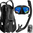 Snorkeling Gear for Adults, Mask Fin Snorkel Set, Dry Top Snorkel Mask, Panoramic View Anti-Leak Anti-Fog 3 in 1 Snorkeling Kit Travel Diving Package with Storage Bag (Medium, Black)