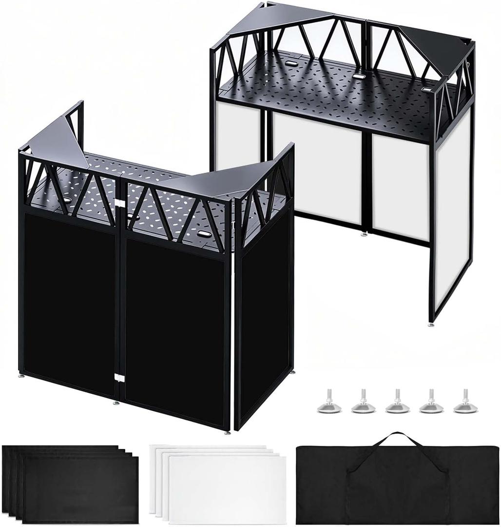 Portable DJ Booth Facade Stand, Foldable DJ Table 40" x 20" x 45" Tabletop, DJ Facade Station for DJ Controller, Mixer & LaptopEvents&Parties Includes Carry Bag&Two Metal Corner Tables.