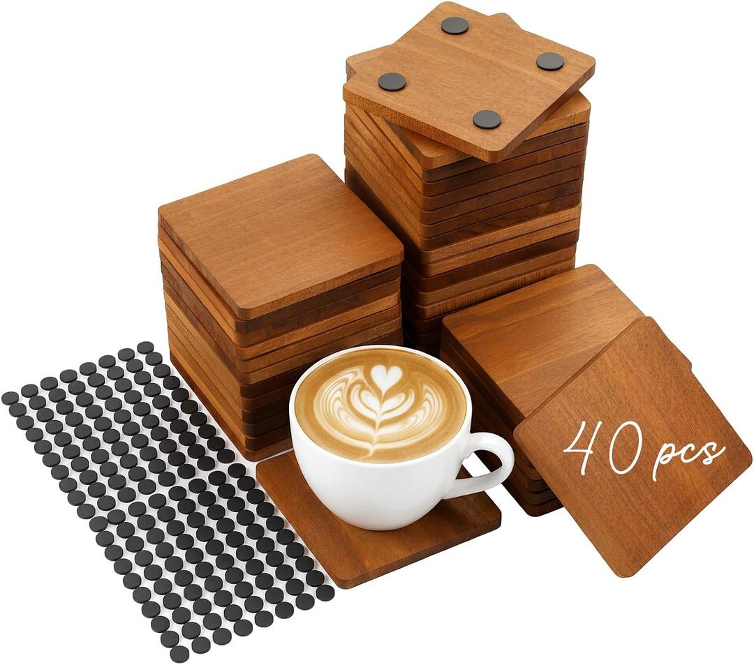 Meanplan 40 Pcs Blank Wooden Coasters, 4 x 4 x 0.28 Inch, Square, Brown