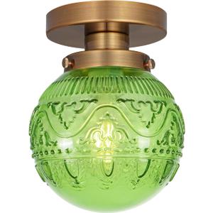 Green Globe Glass Semi Flush Mount Small Hall Ceiling Light, Modern Gold Lighting for Kitchen, Bedroom, Hallway, Porch