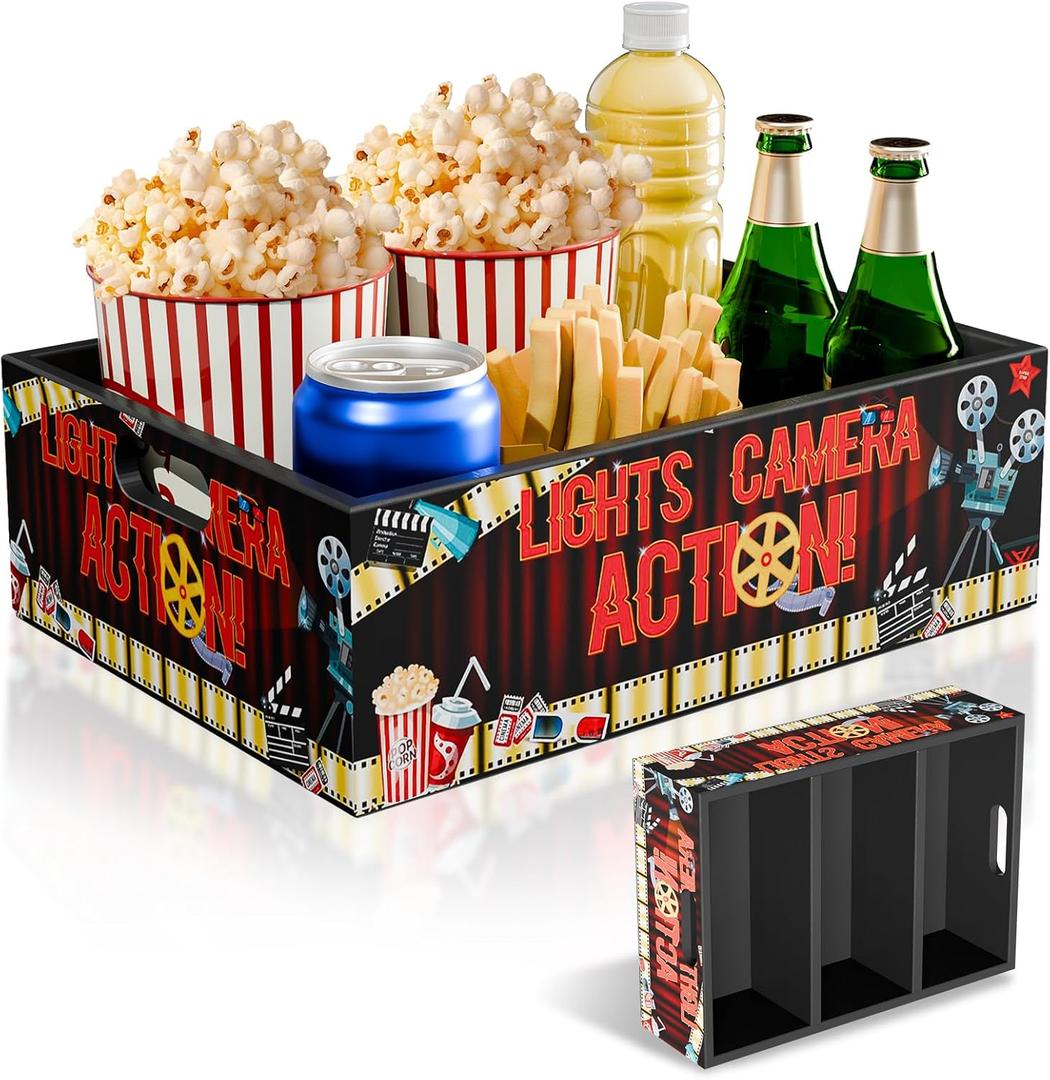 Reusable Movie Night Supplies Snack Tray with Handles and 3 Large Compartments, Wooden Movie Night Gift Basket for Theater Popcorn Bucket, Snack Organizer Box for Home Theater Party Christmas