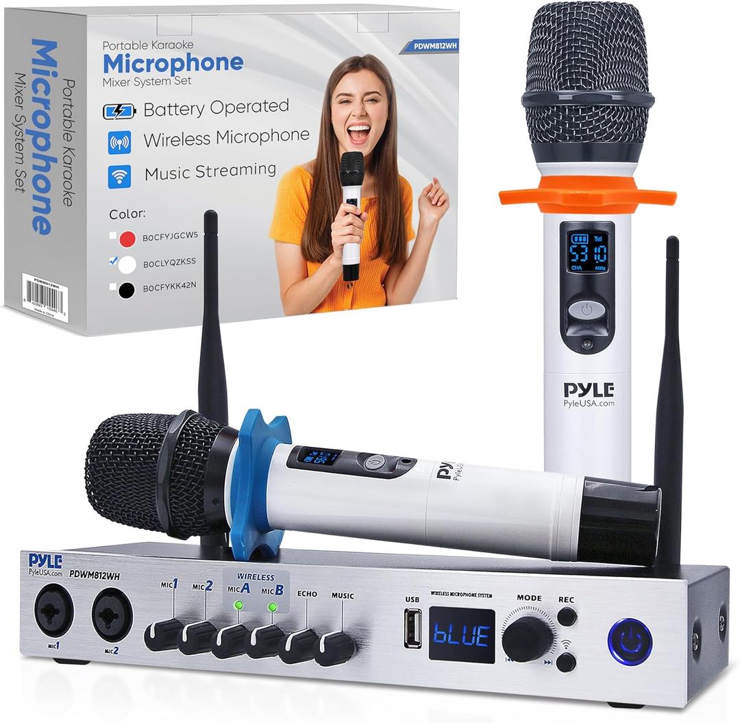 Pyle, UHF Wireless Microphone System, Portable Digital Audio Mixer, Bluetooth, Two Handheld Mics, Receiver Base, White, Adjustable Volume, Complete Set, Dual Channel, Home Karaoke, Professional Use