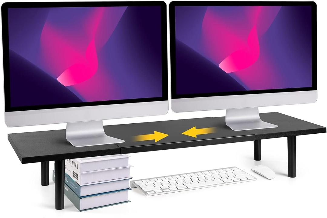 Across-Star Dual-Monitor-Stand-Riser-For-Desk Adjustable Length 32-40 InchLarge Desktop Computer Monitor Riser For 2 ScreensDesk Shelf Organizer Riser Stand For Computer/Laptop/PC/Printer/TV Black