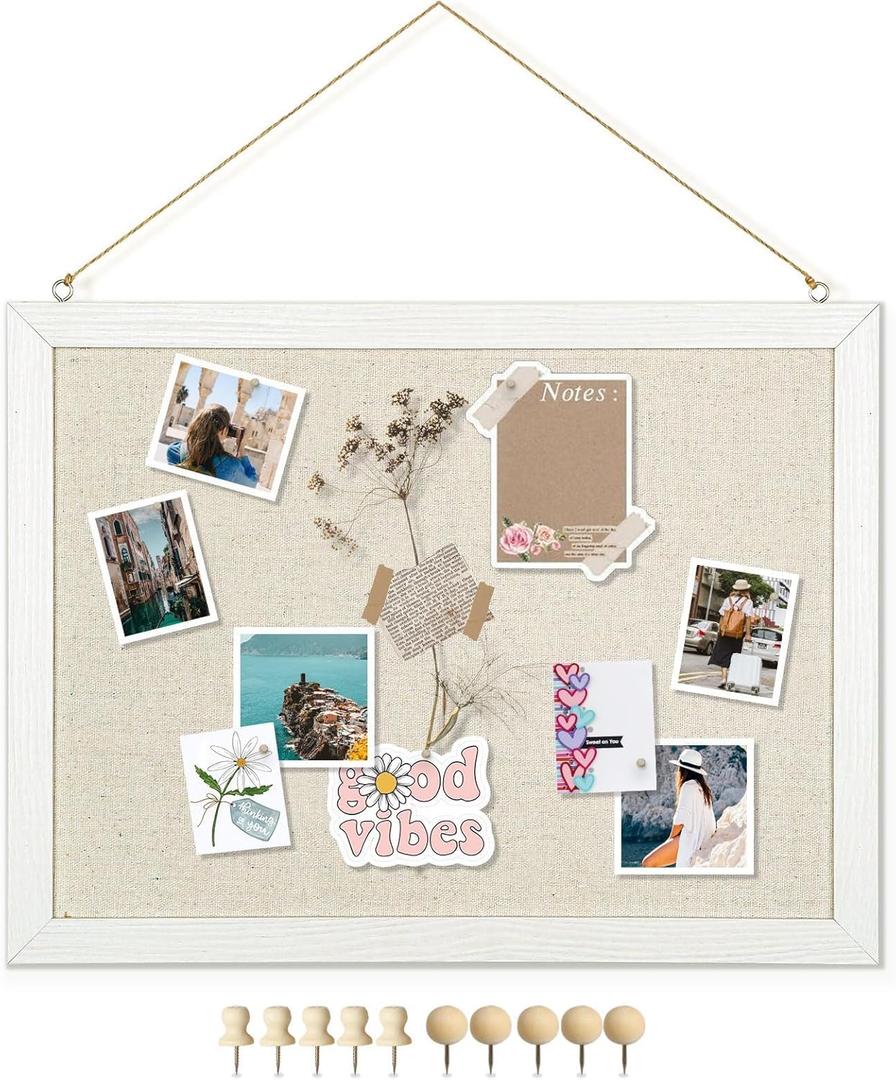 DOLLAR BOSS Bulletin Boards with Linen 1-Pack 16''X 12'' Double-Sided Cork Board for Walls Wood Framed Bulletin Boards, Small Pin Board for Home Kitchen Office Decorative Hanging 10 Pushpins (White)