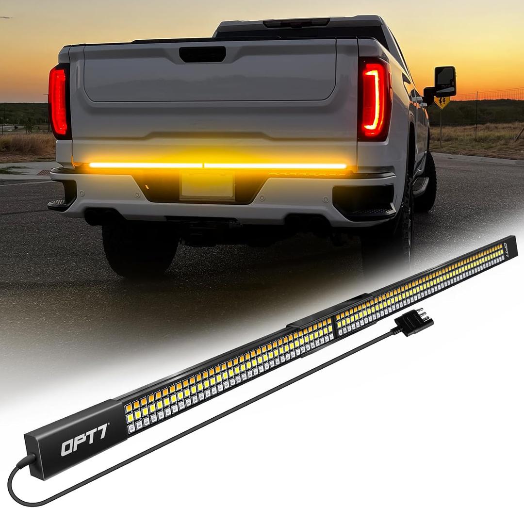 OPT7 Redline Parlux 60" Aluminum Truck Tailgate Light Bar w/Sequential Amber Turn - Rigid 2-Section Triple Row LED Strip, Dynamic Taillight w/Ignition Sequence, Triple-Flash White Reverse, Red Running