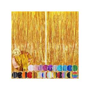 Gold 2 Pack Metallic Tinsel Foil Fringe Curtains, 3.3x8.3 Feet Black Streamers for Party, Door Streamers Party Decorations, Party Streamers for Birthday Christmas Party Decorations