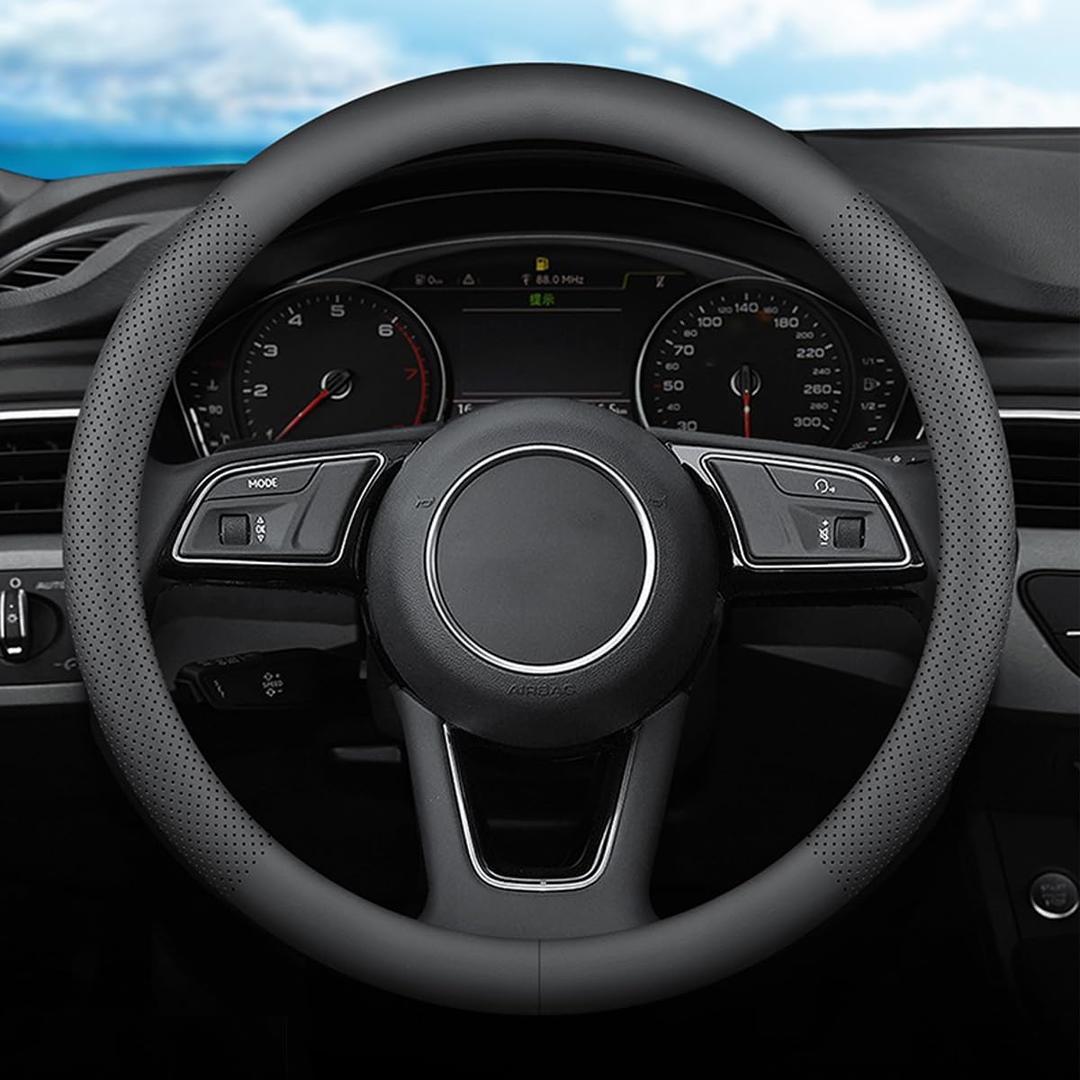 XHRING Car Steering Wheel Cover for Hyundai Elantra Palisade Sonata Santa Fe Tucson Santa Cruz Kona Accent Ioniq Venue Genesis Azera Hybrid N Line GT SEL Sport Limited Accessories, 2025 Leather Black