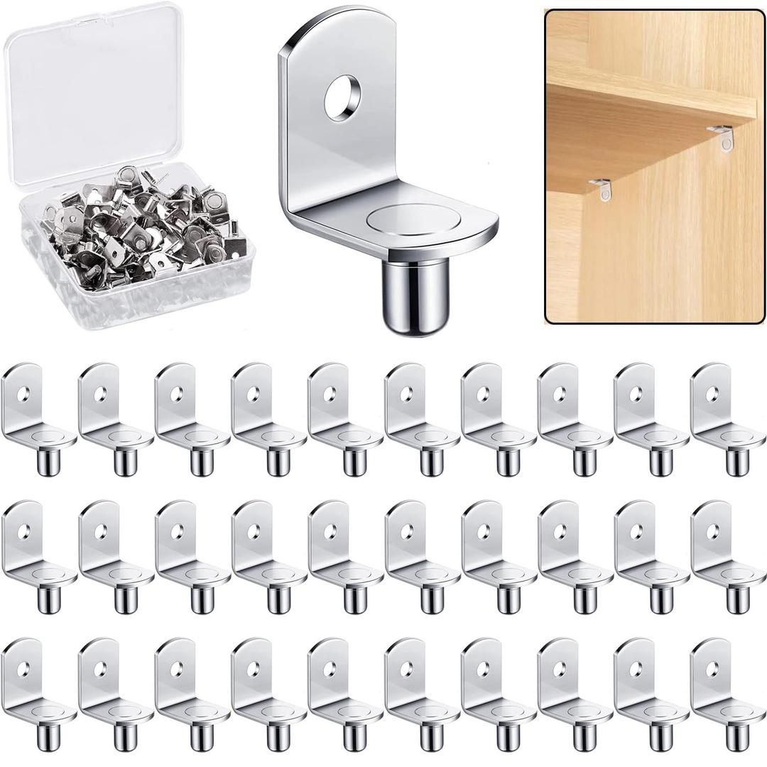 5mm Shelf Support Pegs, Shelf Pegs with Hole, Cabinet Shelf Bracket Pegs, L-Shaped Nickel Plated Shelf Pins Holders for Bookcase Kitchen Closet Shelf Shelves Furniture Cabinet (50, Silver)