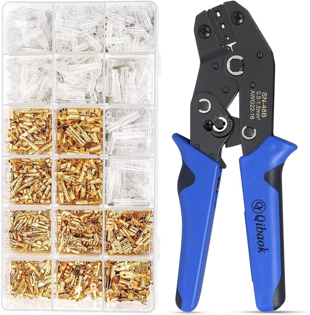 Wire Terminal Crimping Tool Kit, Qibaok Ratcheting Wire Crimper AWG 22-16(0.5-1.5mm) with 500PCS Female Male Spade Connectors & Bullet Connectors Terminals