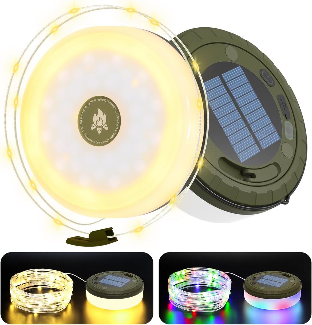 Siloon Solar Camping String Lights Outdoor, 2 in 1 Rechargeable Camping Lights with 5 Modes, 32.8Ft Waterproof Portable Camping Lights, Solar Powered and USB Charging, Tent Lights for Camping Hiking