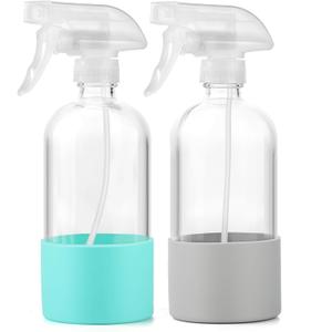 Glass Spray Bottles (2-Pack) with Silicone Sleeve - 16oz Empty Refillable Bottles - Adjustable Nozzle for Hair, Plants, Cleaning & DIY Solutions - Mint Green & Grey