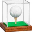 Hooqict Golf Ball Display Case Clear Acrylic Golf Ball Memorabilia Display Case with Wood Base and Grass Pad Ball Holder Stand Display Cube Single Golf Collection Box