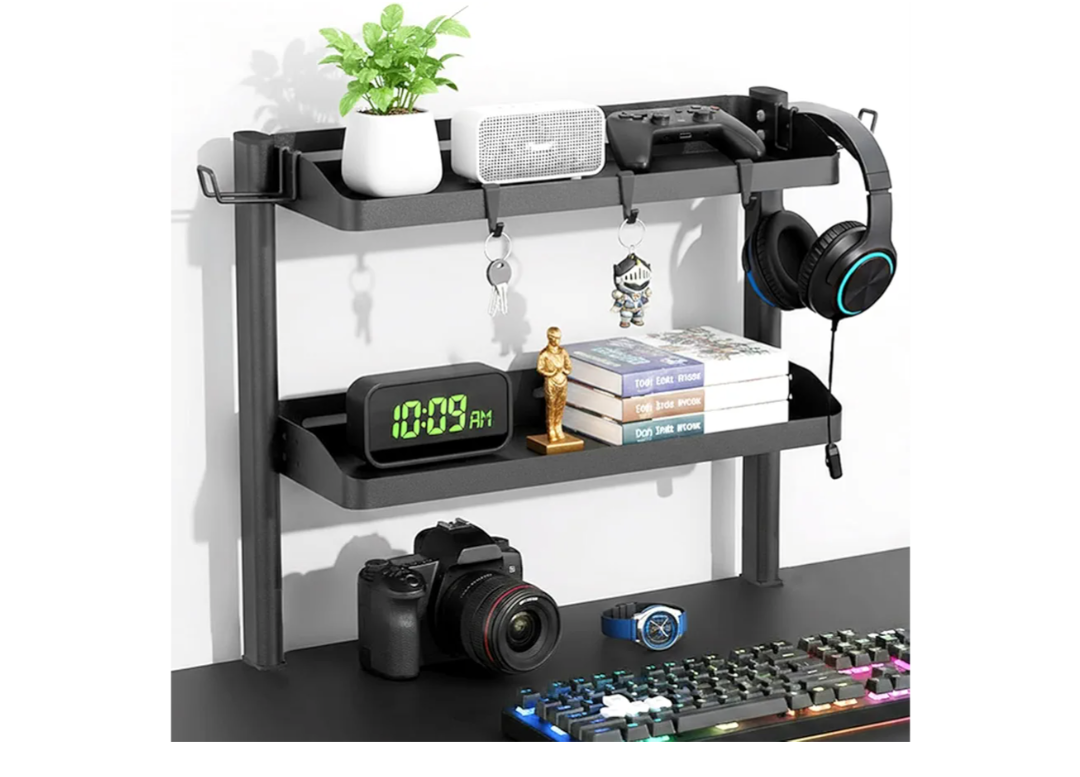 Clamp on Desk Shelf, 2-Tier Office Desk Shelves Organizer, 17in Small Shelf for Top of Desk with Headphone Holder and Hooks, Desktop Storage Rack for Home Workspace, Study Rooms, Gaming Accessories