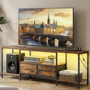 SONGMICS BELLAH Collection - TV Stand with Power Outlets and Lights, Entertainment Center Media Console for TVs Up to 70 Inches, Living Room, Shelves, Drawers, Industrial, Rustic Brown ULGS420K101S, 13.8"D x 61.8"W x 23.6"H