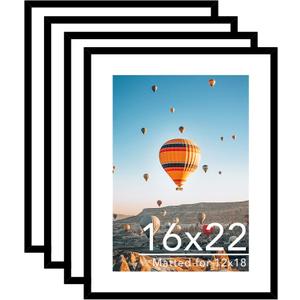 JCJMY 16x22 Picture Frame Set of 4 with 12x18 Mat, Display Photo 12x18 with Mat or 16 x 22 Without Mat, Wall Hanging Large 16 by 22 Poster Frame with Plexiglass, 4 Pack, Black