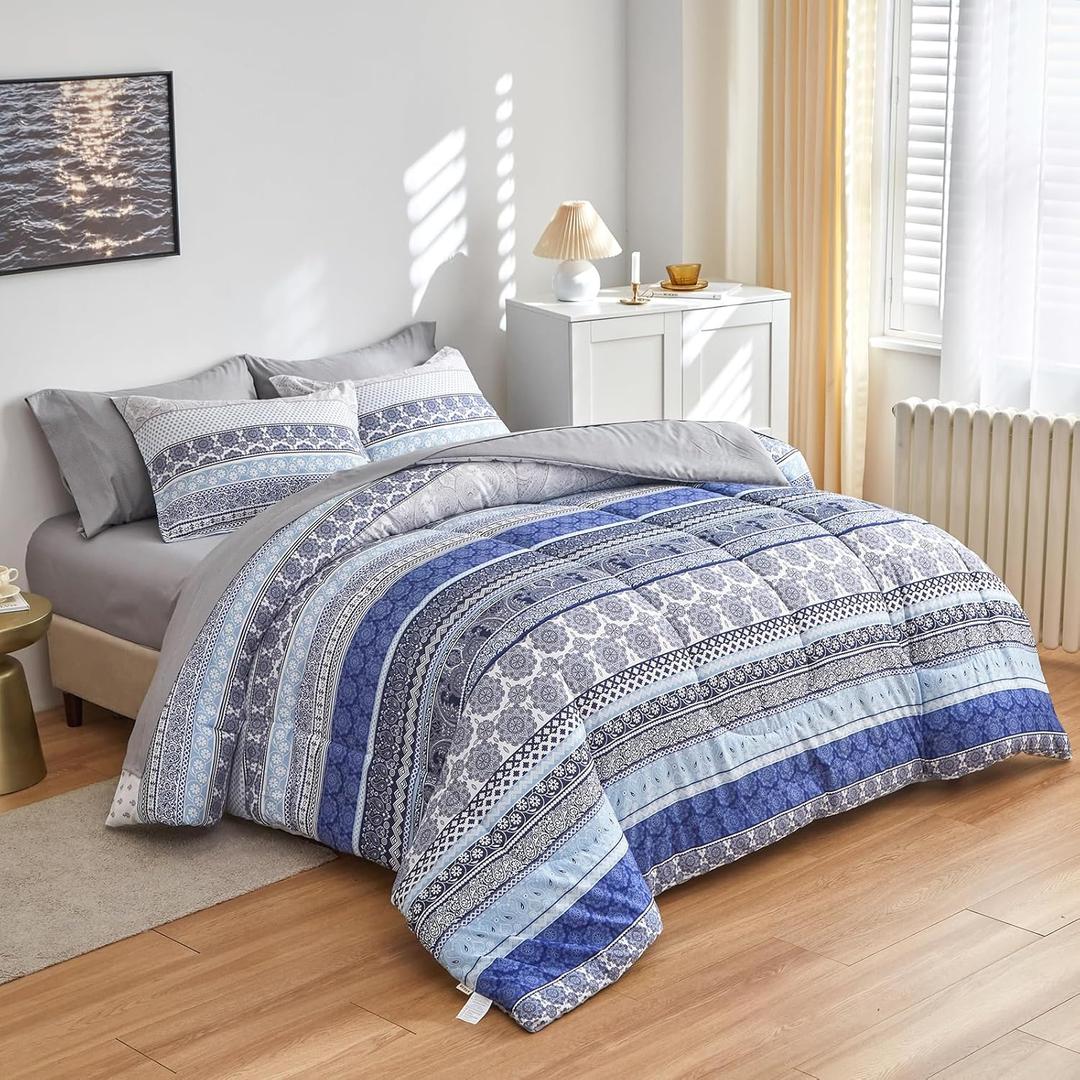 Flysheep Bohemian Striped Bed in a Bag 6 Pieces Twin Size, Boho Blue Grey Geometric Pattern Reversible Bed Comforter Set (1 Comforter, 1 Flat Sheet, 1 Fitted Sheet, 2 Pillow Shams, 1 Pillowcase)