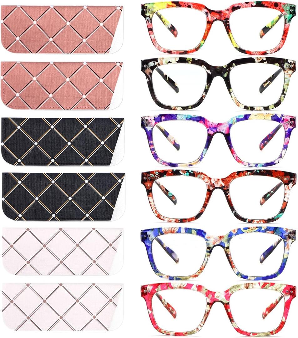 6 Pack Fashion Reading Glasses for Women Men Blue Light Blocking Oversized Square Readers with Spring Hinge, +2.75