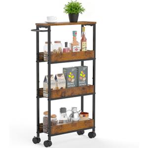 4 Tier Slim Rolling Storage Cart Narrow Space Utility Cart with Handle Metal Frame with Wood Top Table Sturdy Cart Organizers and Storage for Kitchen Bathroom Laundry Office, 5.1 Inches Deep Black
