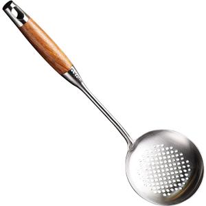 Slotted Spoon,304 Stainless Steel Skimmer Spoon with Heat Resistant Wooden Handle,Silver/15.8Inch