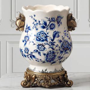 Vintage Blue and White Ceramic Vase with Gold Pedestal, Chinoiserie Floral Urn for Home Decor, 8.3" Antique French Country Centerpiece for Table, Mantel, and Fresh Flowers