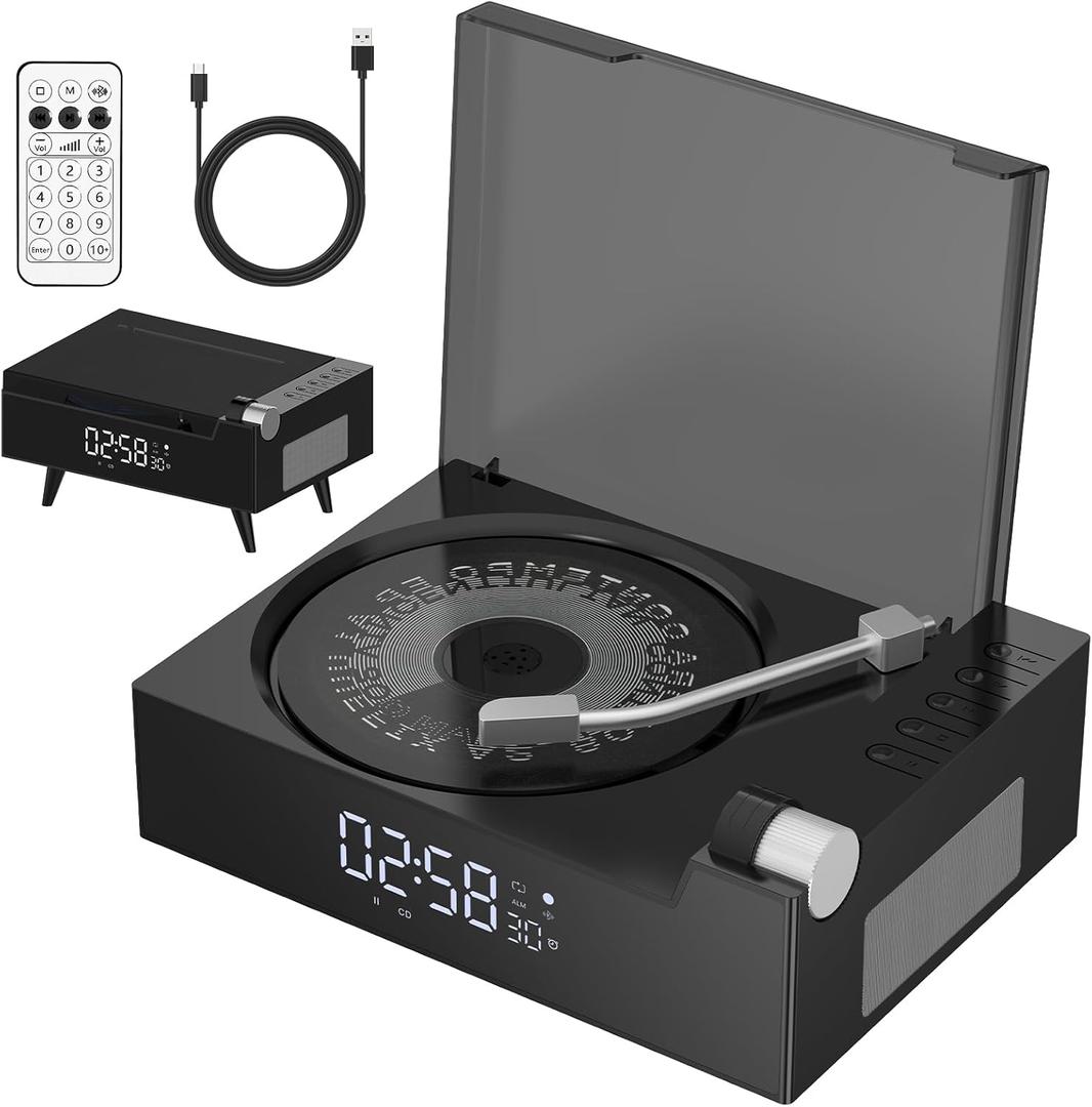 Portable CD Player for Home with Hi-Fi Speaker, Bluetooth Transmitter and Receiver, Timer, LED Display, FM Radio, Built-in Dual Speakers, USB/AUX Support, Headphone Jack (Gray)