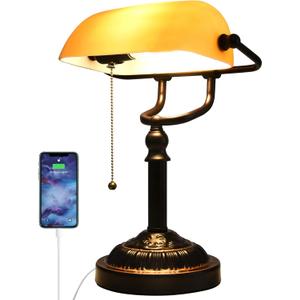 Rustic Banker's Desk Lamp Pull Chain, Traditional Bankers Desk Lamp with USB Port, Vintage Farmhouse Table Lamp for Home Office Library