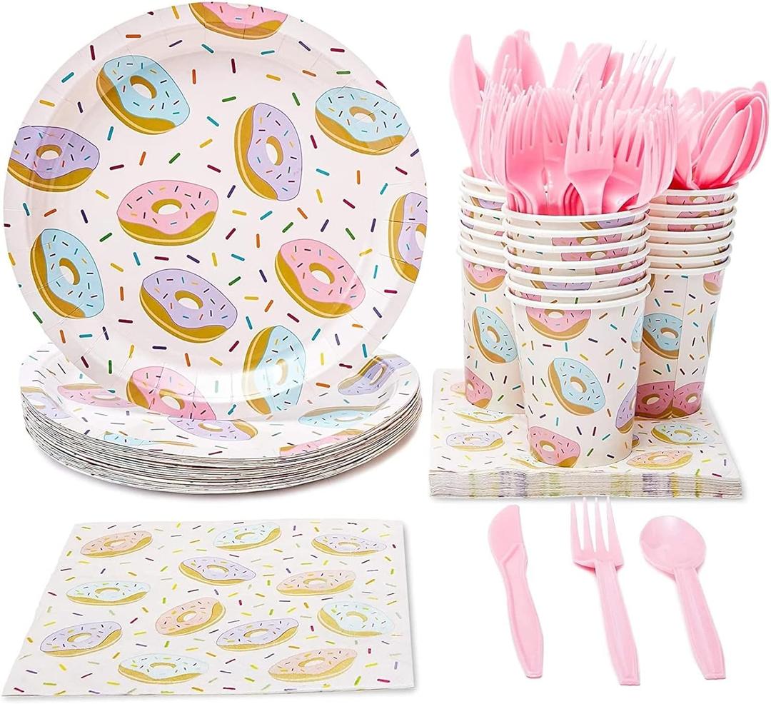 144 Piece Donut Grow Up Party Supplies, Serves 24 Guests Disposable Sprinkle Paper Plates, Cocktail Napkins, Cups, Cutlery, Two Sweet Birthday Party Decorations