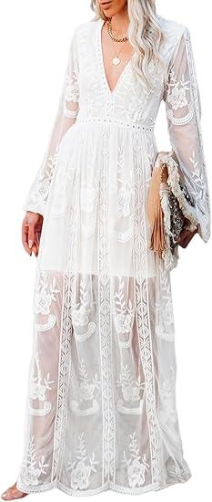 Women's Casual Off Shoulder Lace Maxi Dress Boho White Bridesmaid Wedding Evening Party Dresses, Large