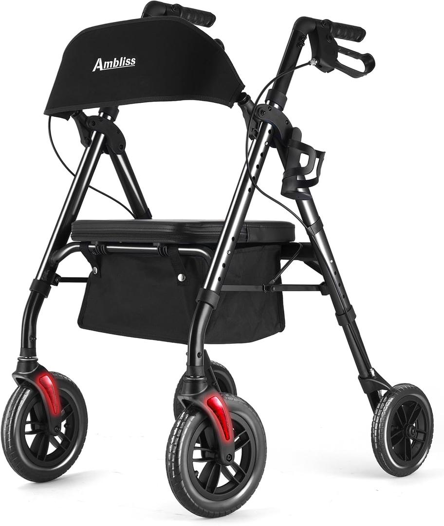 Ambliss Lightweight Folding Rollator Walker for Seniors with Seat, 10" All-Terrain Non-Pneumatic Wheels, Wide Padded Seat & Breathable Backrest, Adjustable Height 5'2"-6'7", 300 lbs Capacity Black