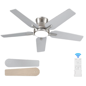 POCHFAN 42 Inch Ceiling Fans with Lights and Remote, Brushed Nickel Flush Mount Low Profile Ceiling Fan for Bedroom, Living Room, Patio, Dimmable 6 Speeds Noiseless Reversible, ETL Listed