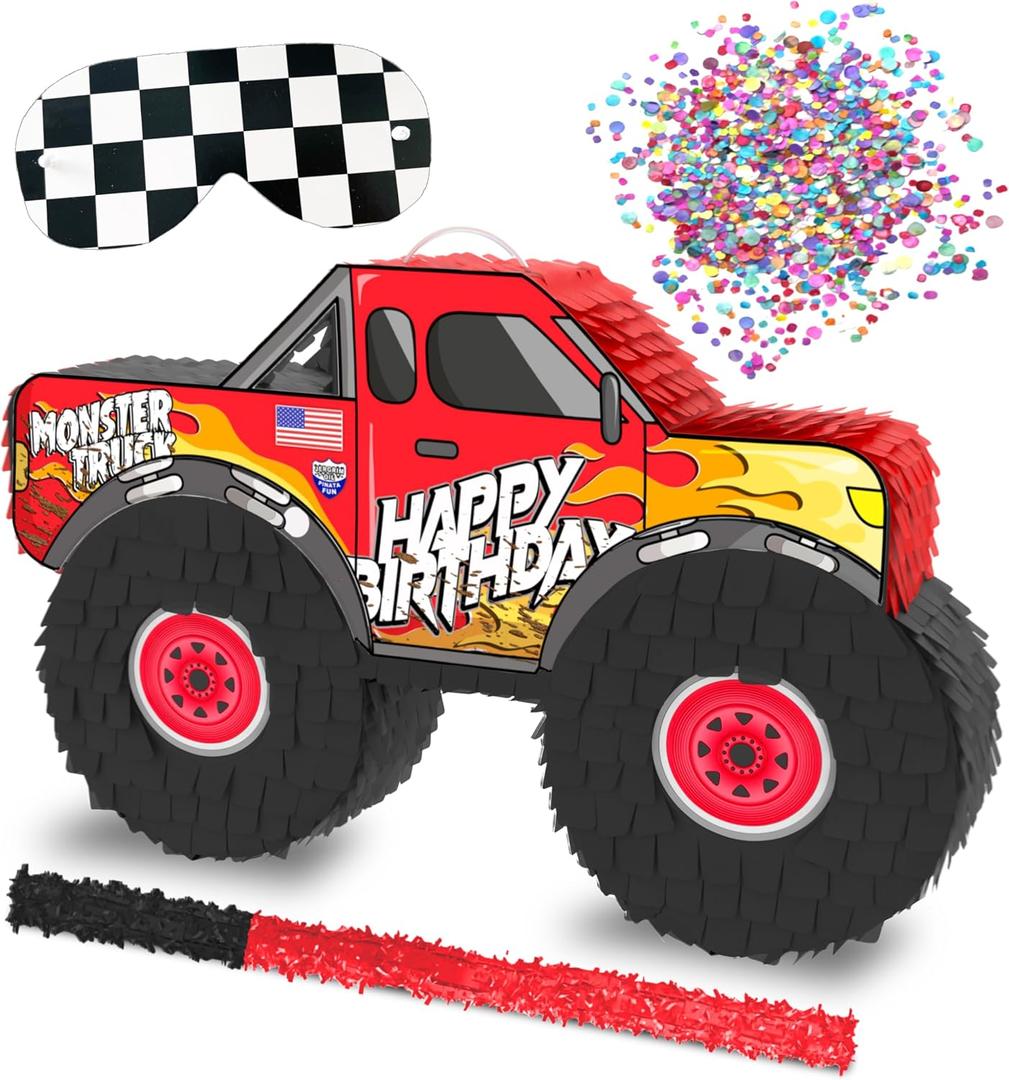 Jergrim Monster Truck Piñata, 4 Piece Set, perfect for Kids Birthday Parties, Race Car Party Supplies fits piñata candy and party favors (16”X10”) Durable! (Red Monster Truck)