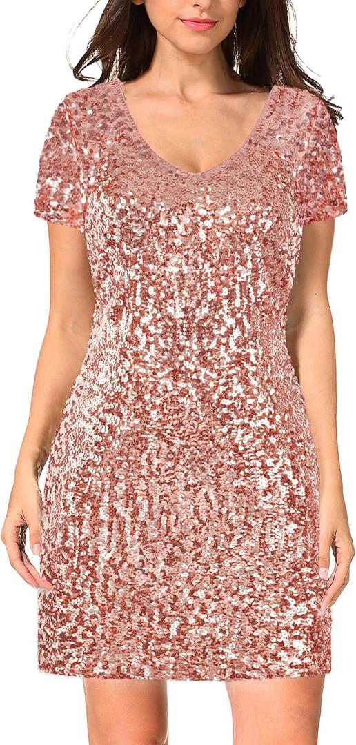 MANER Women's Sequin Glitter Short Sleeve Dress Sexy V Neck Mini Party Club Bodycon Dresses (Medium)