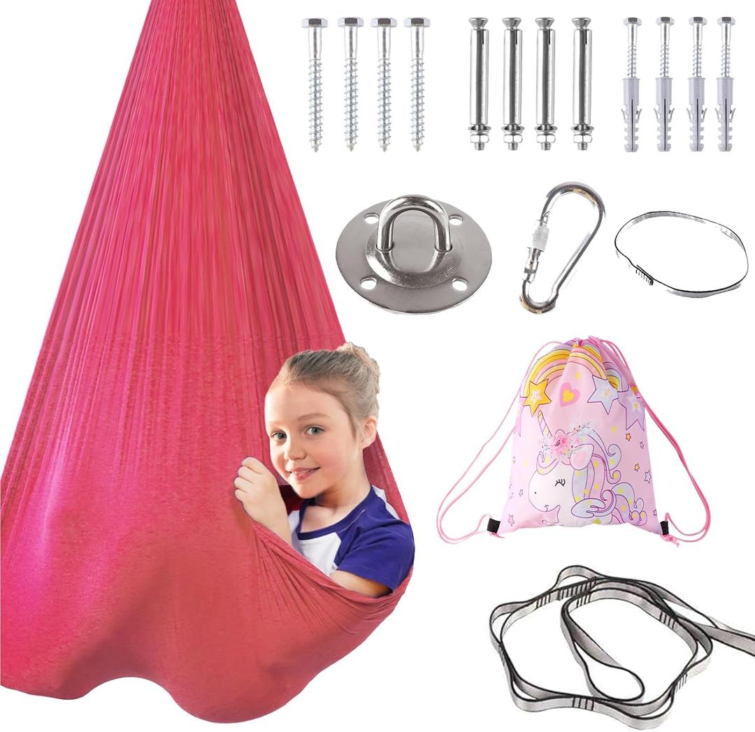 Indoor Therapy Sensory Swing for Kids, Special Needs Joy Cuddle Ceiling Snuggle Swings, Outdoor Room Adjustable Fabric Hammock for Children Child Teens Autism, ADHD, Aspergers, Sensory Integration (Deep Pink)