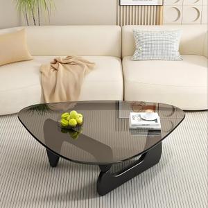Modern Glass Coffee Table, 32.68" D x 22.44" W x 15.75" H, Abstract Round Tea Tables for Living Room Home Office Industrial Cocktail Tables (Black-Gray Glass, 32.68")