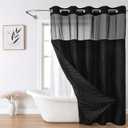 no Hook Shower Curtain and Liner SetBoho Style with See Through Top Window, Black Fabric Tufted Striped Textured Outer Curtain & Waterproof Inner Liner, DarkBlack, 71Wx77H