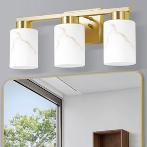 3-Light Bathroom Light Fixtures, Modern Vanity Lights, Gold Metal Wall Lamp with White Marble Glass for Bathroom, Mirror, Living Room, Bedroom, Cabinet, Porch, Hallway, E26 Base