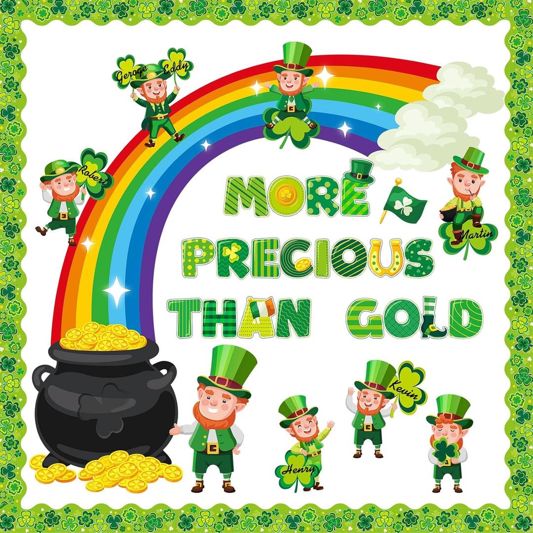 Pasimy St. Patrick's Day Bulletin Board Decoration St. Patrick's Day Cutout Lucky Shamrock Bulletin Board Border for Irish Clover Classroom Chalkboard Decor(Gnome)