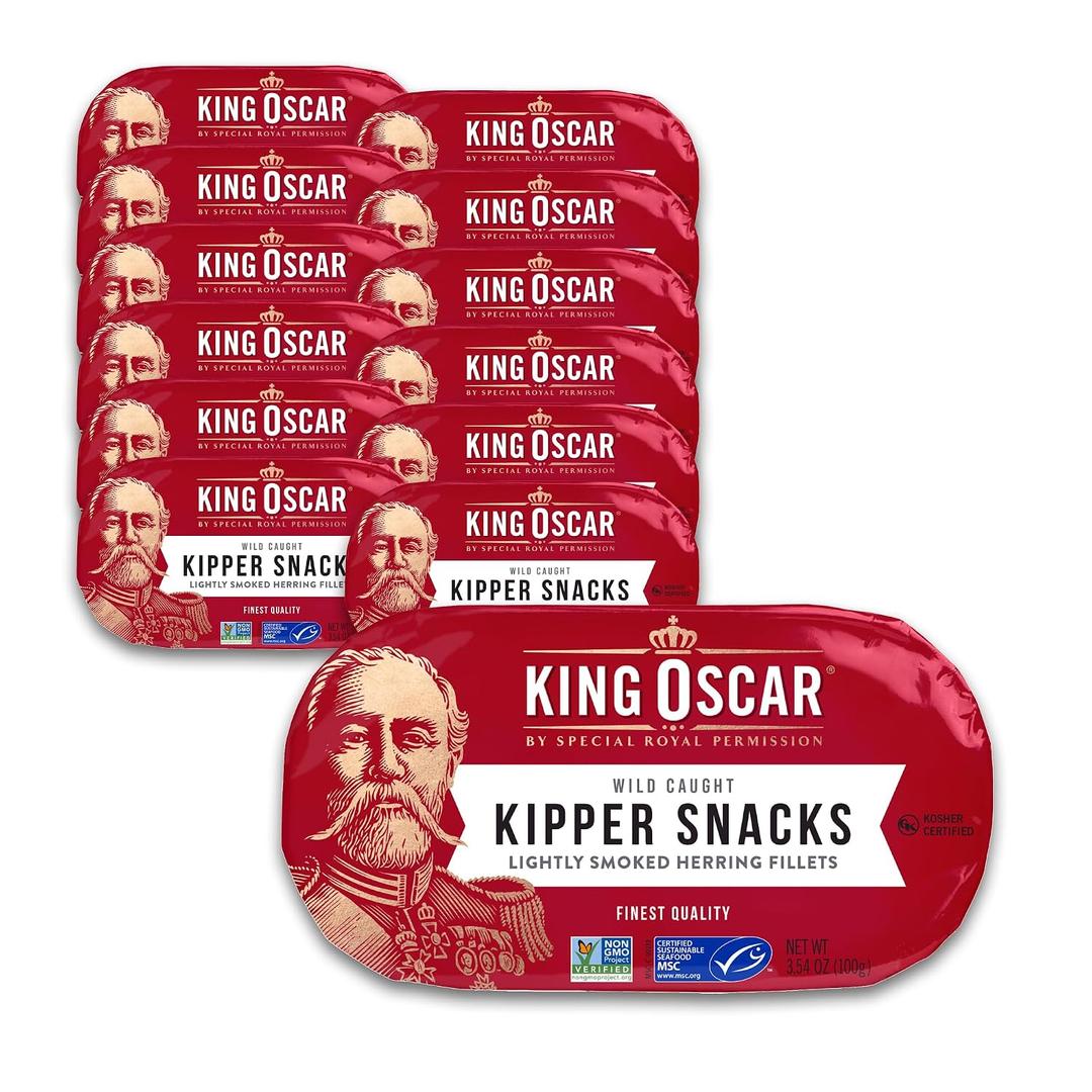 King Oscar Kipper Snacks, 3.54 Ounce Cans (Pack of 12), Lightly Smoked Herring Fillets, Wild Caught Canned Herring (EXP 02/26/29)
